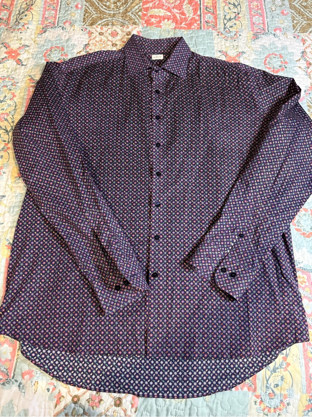 Etro 44 Shirt with Pink, Light Blue & Green Paisley-Geometric Motif